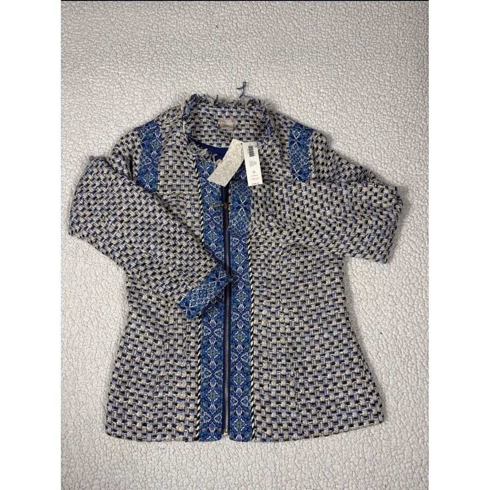 Chicos Tweed LS Jacket Cool Multi Blue Metallic Paisley Trim Size 0 New $159